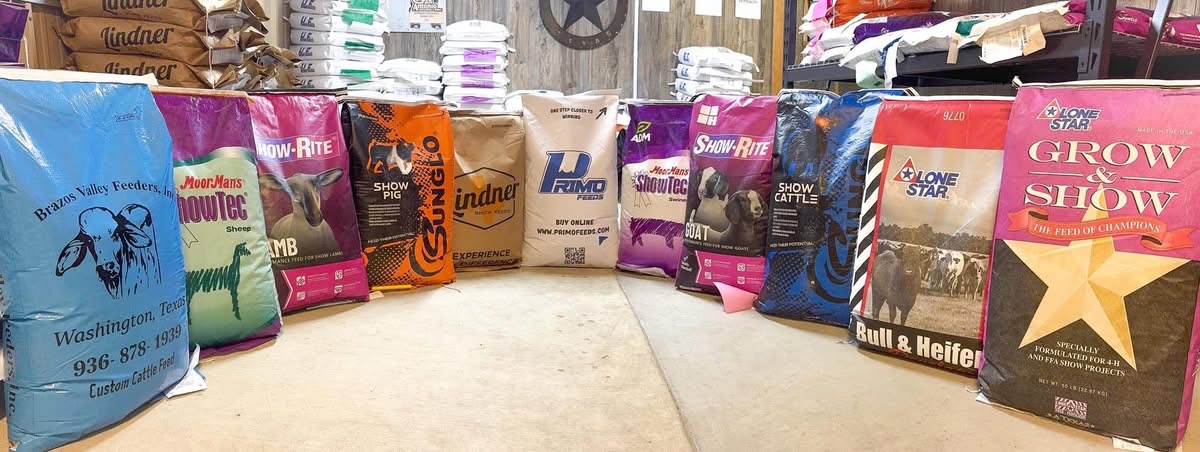 Aisle of feed bags inside Dos Vaqueros Feed Store