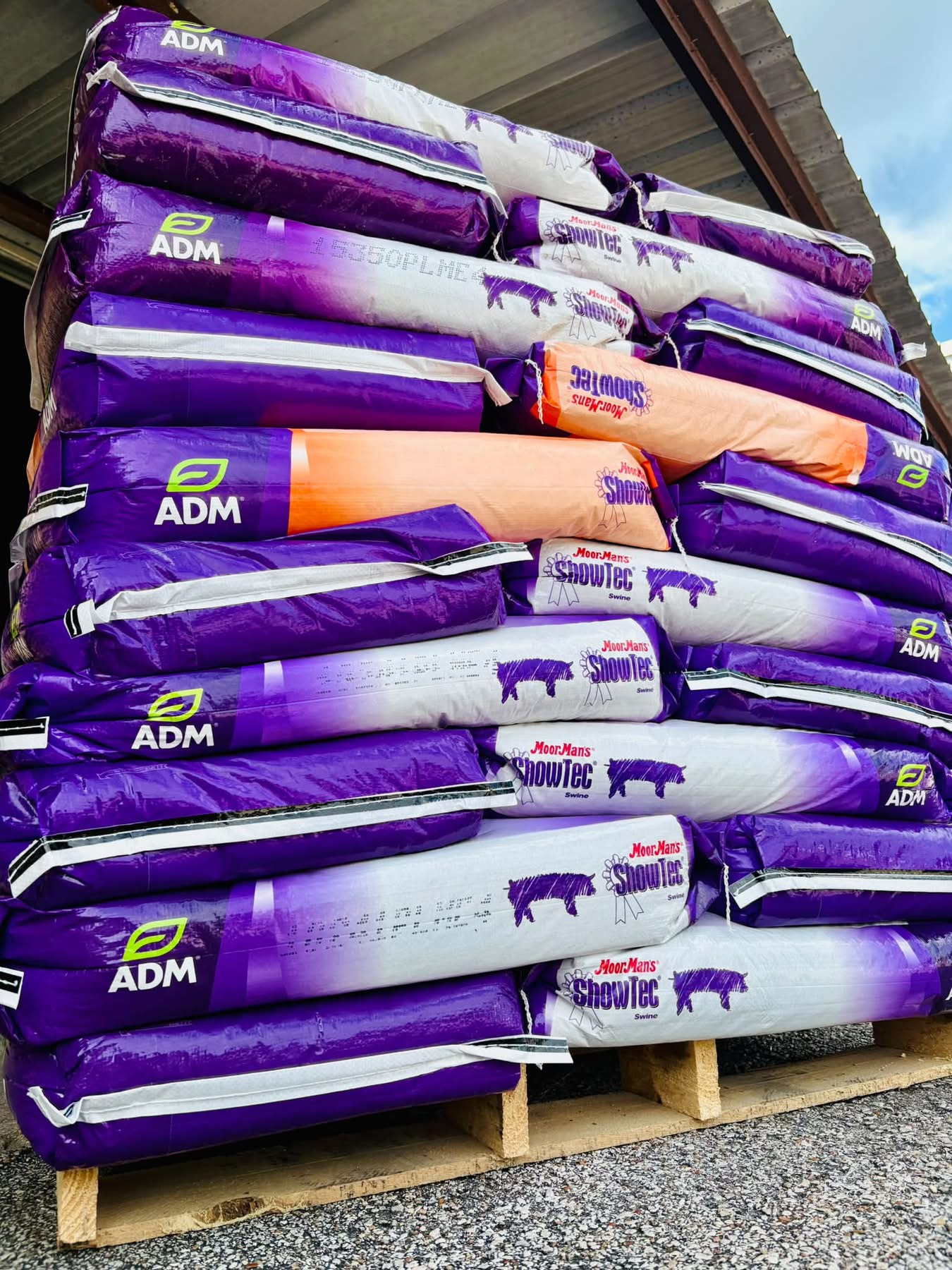 Stacked bags of livestock feed at Dos Vaqueros