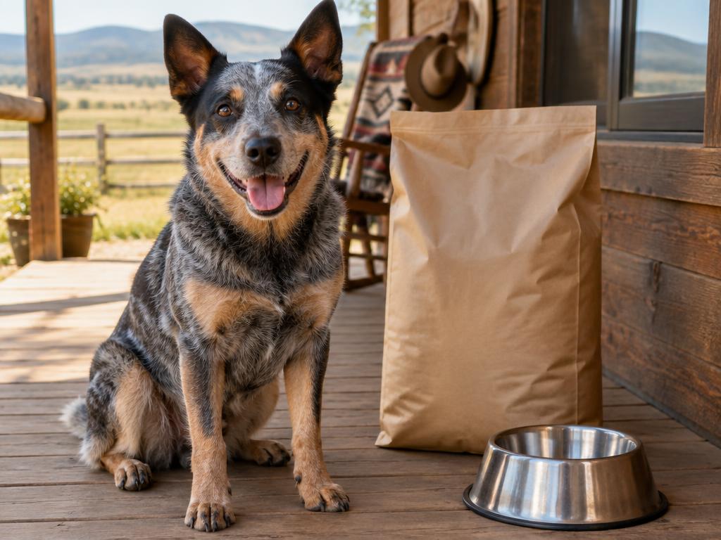 Cattle dog sitting on a ranch porch next to a bag of dog food